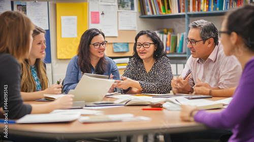 Collaborative Learning: A diverse group of teachers or students engaged in a lively discussion around a circular table, actively participating in collaborative learning.