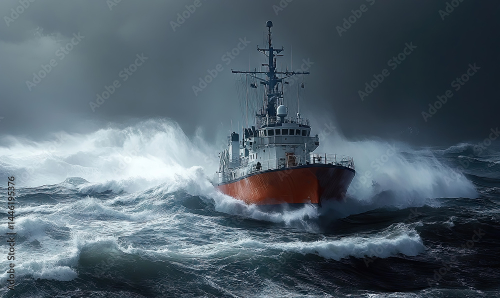 Fototapeta premium Coast Guard Cutter Navigating Through Rough Seas Under a Dramatic Sky with copy space