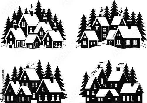 Silhouette Set of Winter Village Scene – Snowy Rooftops and Pine Trees Black Vector Illustration