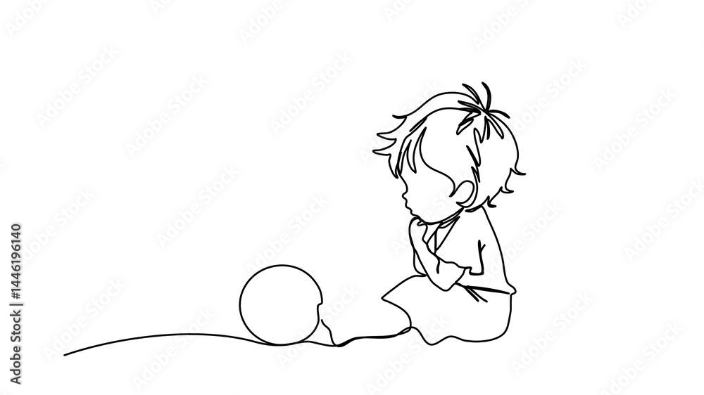 Cute little child with a ball. One line drawing animation with alpha channel. Cute little child with a ball. One line drawing animation with alpha channel.