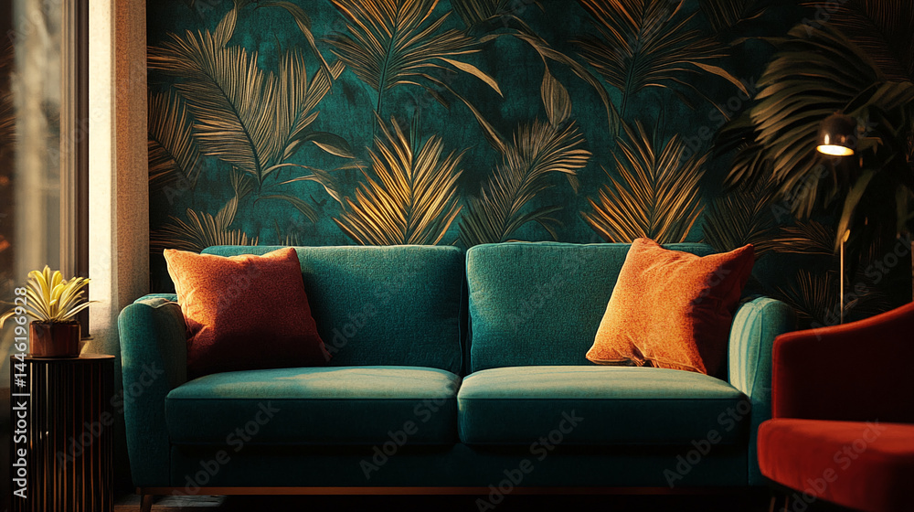 Obraz premium Teal velvet sofa with orange pillows against a teal and gold palm leaf wallpaper background. Showcase of interior design, evoking relaxation and luxury.