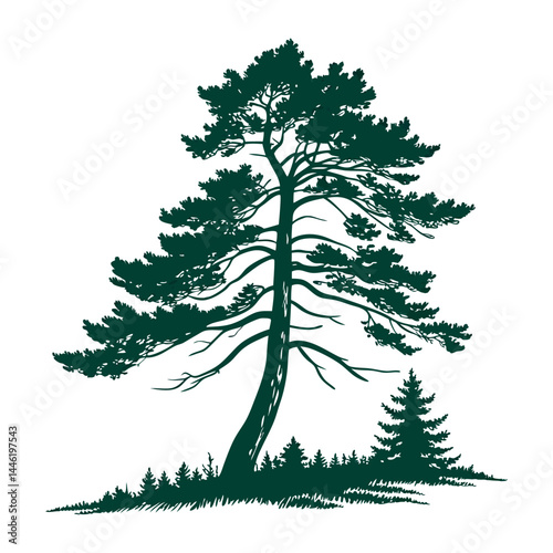A simple, symmetrical  a tall evergreen pine tree with layered branches, dark green color 