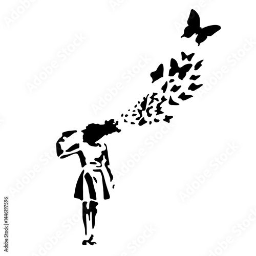 Vector isolated butterfly headshot graffiti wall art stencil colorless black and white outline silhouette shadow shape stencil solid black