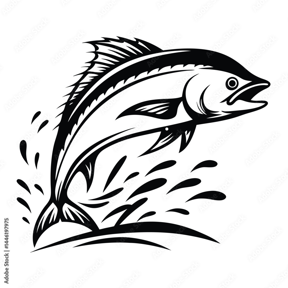 Obraz premium Jumping Tuna Fish Silhouette Black & White Seafood Design With Water Splashes