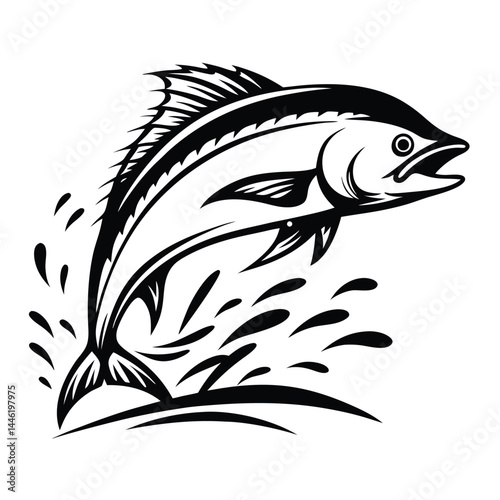 Jumping Tuna Fish Silhouette Black & White Seafood Design With Water Splashes