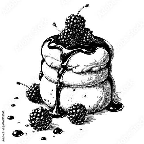 Vintage pen sketch of soufflé dessert dripping with berry glaze on plain background for culinary blogs, recipe sites, and art collections