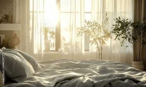 Cozy bedroom with light grey sheets, fluffy pillows, soft textured blanket, large windows with white curtains, warm morning sunlight streaming in, peaceful and comfortable vibe,