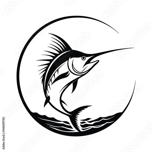 Black Marlin Silhouette Leaping Over Water, Minimalist Design With a Circular Frame