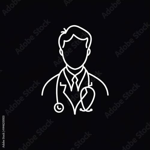 black and white silhouette of a doctor in a white lab coat with a stethoscope, arms crossed, exuding professionalism and authority.
