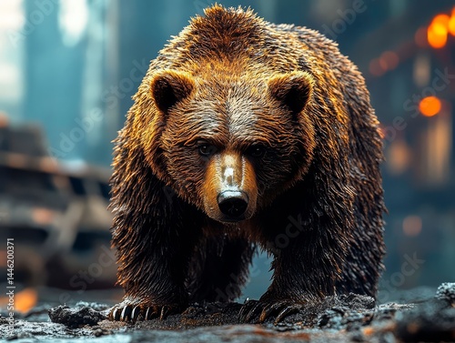 A bronze bear sculpture set in front of a model-like cityscape, with soft bokeh lighting emphasizing texture and craftsmanship.