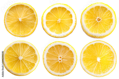 Six juicy lemon slices vibrant yellow citrus fruit