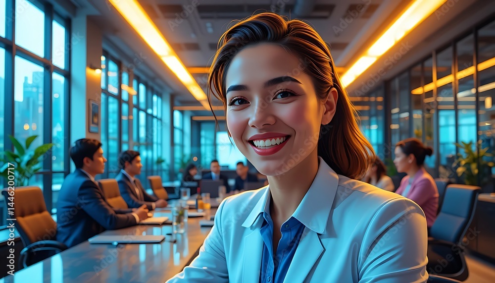 Smiling Businesswoman in Meeting Room with Colleagues