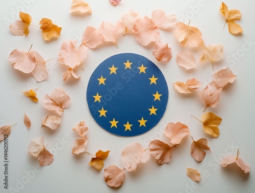 A European Union flag surrounded by soft beige flower petals, blending geometric symbolism with natural elegance in a serene composition.