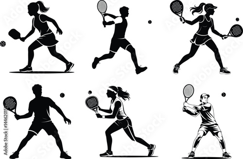Pickleball Silhouette Bundle of Pickleball Players Vector Art for Sports and White Background.