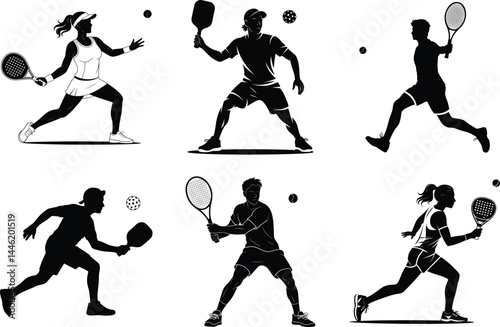 Pickleball Silhouette Bundle of Pickleball Players Vector Art for Sports and White Background.
