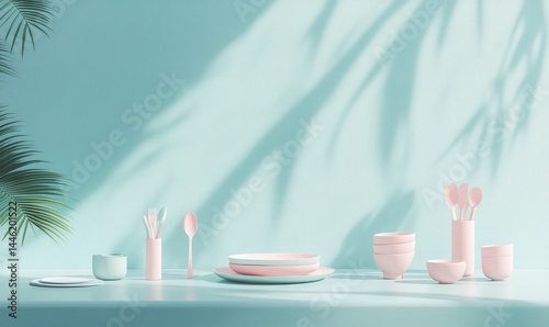 Pastel table setting with pink cutlery, plates, glasses, shadows, plants.