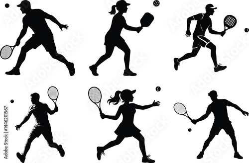 Pickleball Silhouette Bundle of Pickleball Players Vector Art for Sports and White Background.