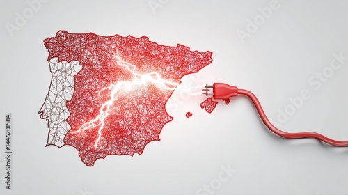 Iberian Peninsula Illustration Showing Power Source Unplugged and Sparking, Blackout In Spain And Portugal