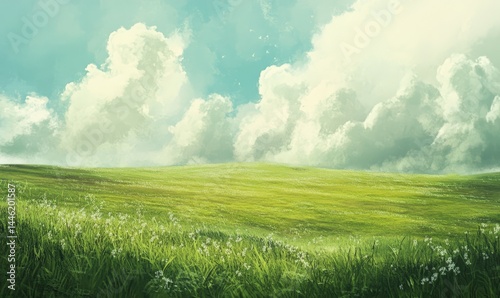 Soft focus image of a rolling green meadow with cottony white clouds drifting gently across it, rolling hills, green landscape, cottony clouds, gentle breeze