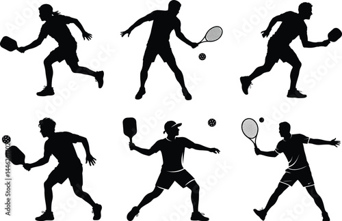 Pickleball Silhouette Bundle of Pickleball Players Vector Art for Sports and White Background.