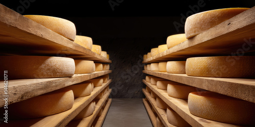 Round cheese wheels are stacked on wooden shelves in a storage room. Dairy storage, cheese aging