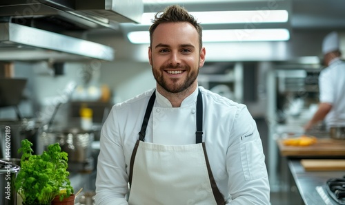 Chef standing in commercial kitchen with professional attire, smiling happily.