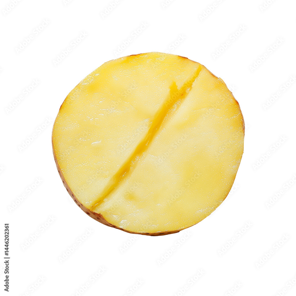A freshly sliced potato resting on a clean transparent background, showcasing its smooth texture and creamy interior, slice potato on transparent background