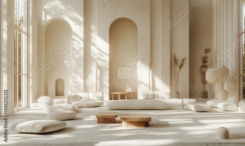 Modern white living room with bright sunlight streaming through large windows, minimalist furniture and decor creating a clean aesthetic, warm tones,