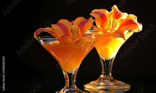 Peach vodka cocktails with fresh Freesia decoration