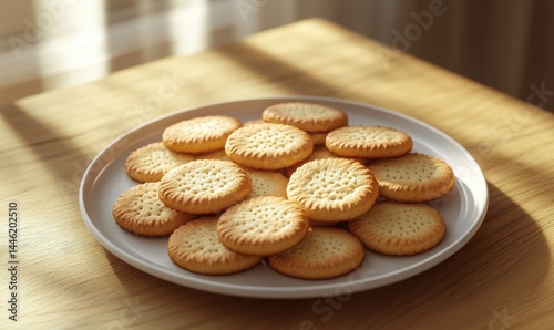 Golden cookies arranged on a white plate, sunlit wooden table.