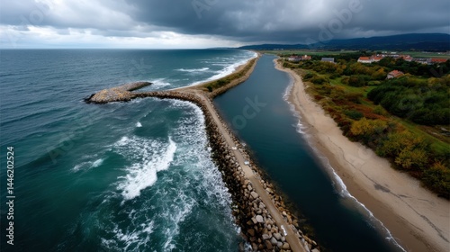 Aerial view of a coastal landscape with a breakwater, sandy beach, and lush green vegetation on overcast day