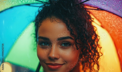 Portrait of a woman holding a colorful umbrella in the rain, soft natural light and vibrant reflections enhancing her cheerful expression, high detail,