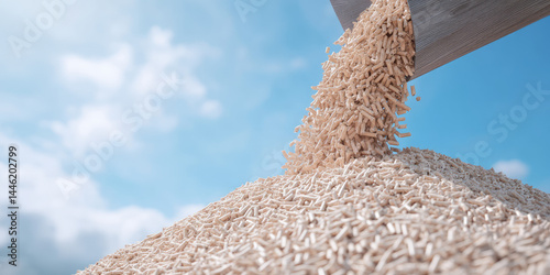 Wood pellets are pouring from a chute onto a large pile. Renewable energy, sustainable fuel, eco-friendly resource