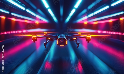 Racing drone mid-flight in an illuminated arena with glowing trails, dynamic composition, bright neon color palette emphasizing speed and technology