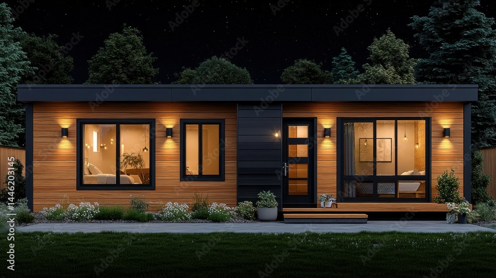 Fototapeta premium Modern wooden tiny house at night, lit by warm exterior lighting, nestled among trees