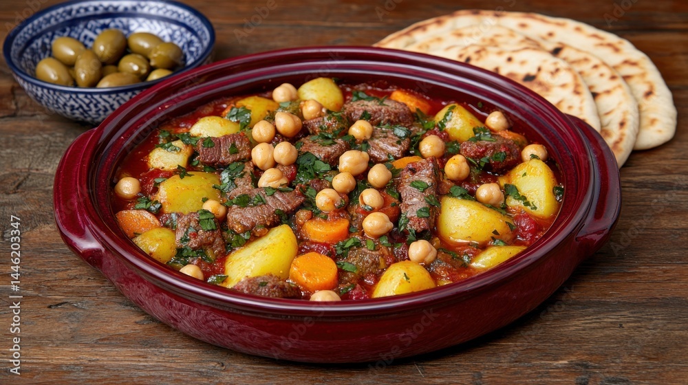 Hearty beef and chickpea stew with potatoes and flatbread Hearty beef and chickpea stew with potatoes and flatbread
