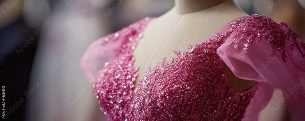 A close-up shot of a pink beaded and sequined dress on a mannequin.