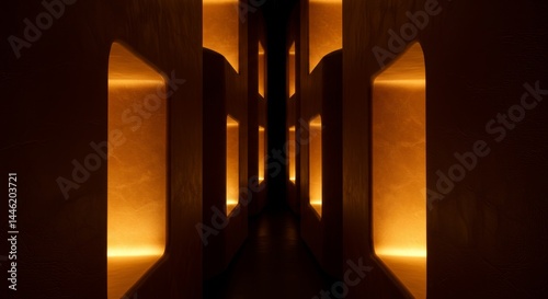 Wallpaper Mural Golden Alcoves Leather Texture Corridor - Illuminated alcoves, leather texture, warm golden light, mysterious corridor, pathway to the unknown Torontodigital.ca
