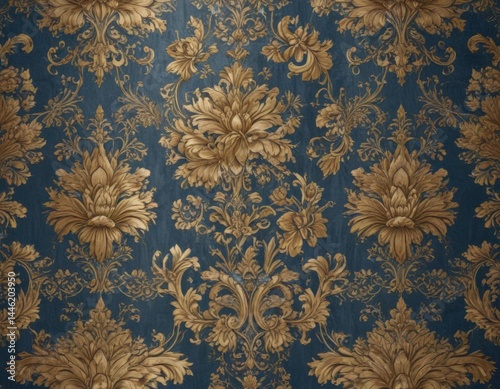 Intricate blue & gold damask floral wallpaper  , motif, wallpaper, premium