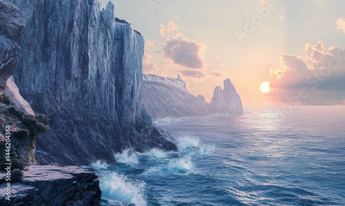 Scenic coastal cliffs with waves crashing against jagged rocks, soft pastel hues of a fading sunset coloring the sky, .