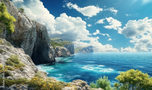 Scenic coastal view with rocky cliffs, blue ocean waves, and bright skies above, peaceful nature retreat captured perfectly,