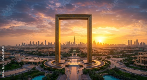 Golden Gate of Dubai at Sunset - Stunning aerial view of the Dubai Frame at sunset, showcasing the city skyline. A captivating of modern architecture and urban beauty