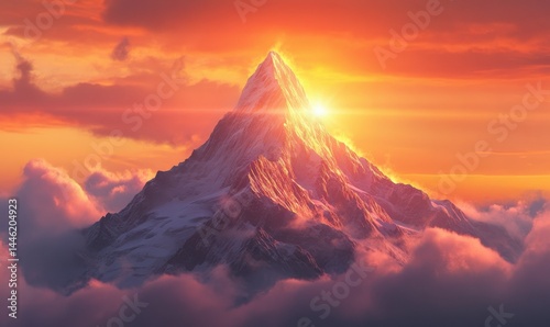 Scenic sunset view of a mountain peak with orange and pink hues in the sky, soft light illuminating the rugged landscape, perfect for travel and adventure themes,