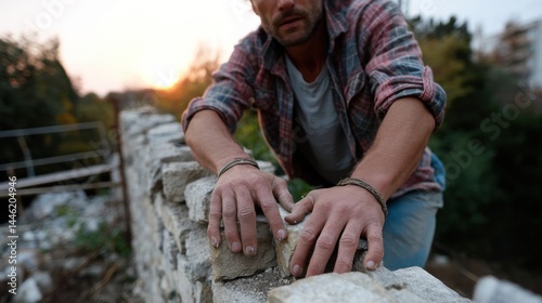 Man Working on Stone Wall Construction Outdoors During Sunset with Focus on Hands and Stones photo