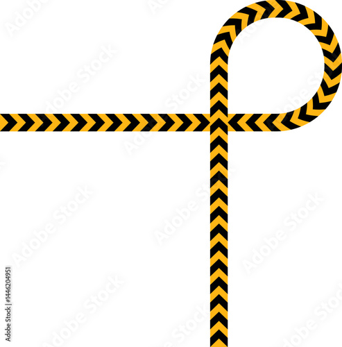 Yellow and black traffic sign arrow pointing on a path that makes a loop and then goes in a perpendicular direction.
