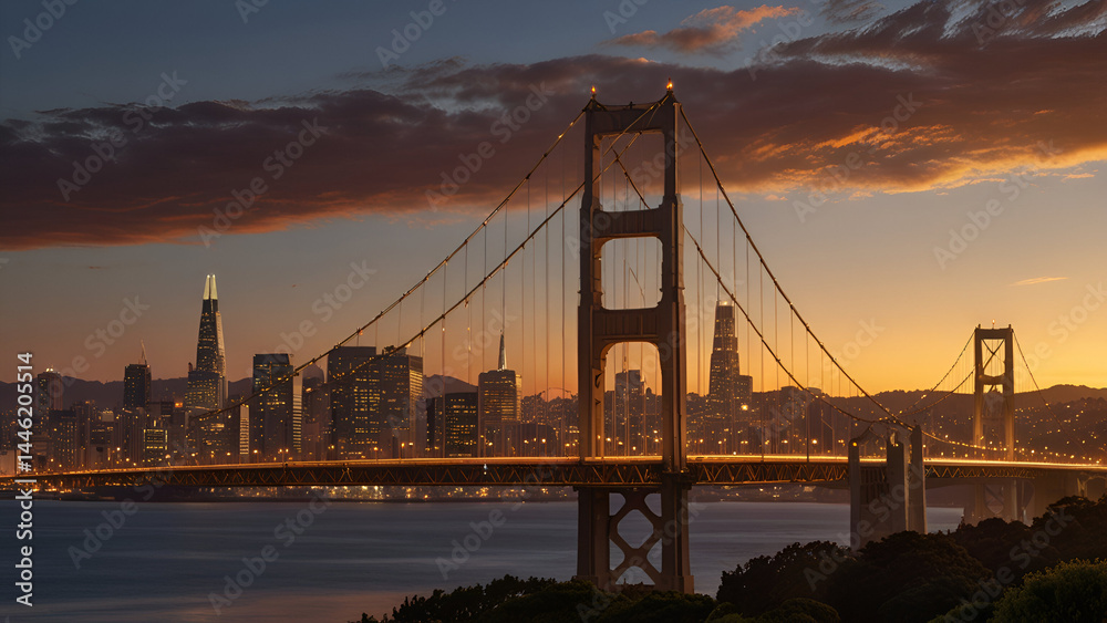 Obraz premium Golden Gate Bridge at sunset with the San Francisco skyline glowing in the background, a breathtaking view of California’s most iconic landmark blending natural beauty with urban architecture