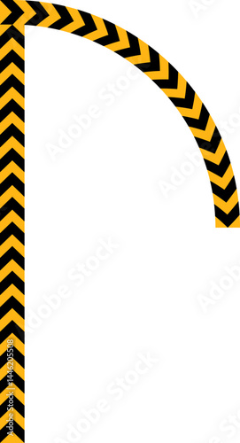 Yellow and black traffic sign arrow pointing on a path with a straight line and an arc coming out of one end.
