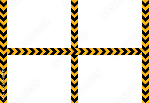 Yellow and black traffic sign arrow pointing on a path with three parallel lines and one perpendicular line.