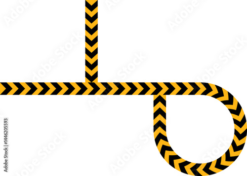 Yellow and black traffic sign arrow pointing on a path with a straight line, a loop, and a perpendicular line.