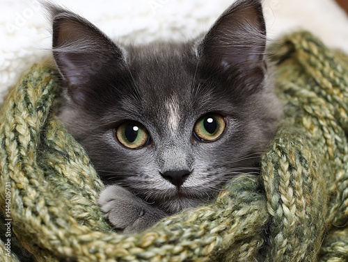 Cozy kitten nestled in warm scarf